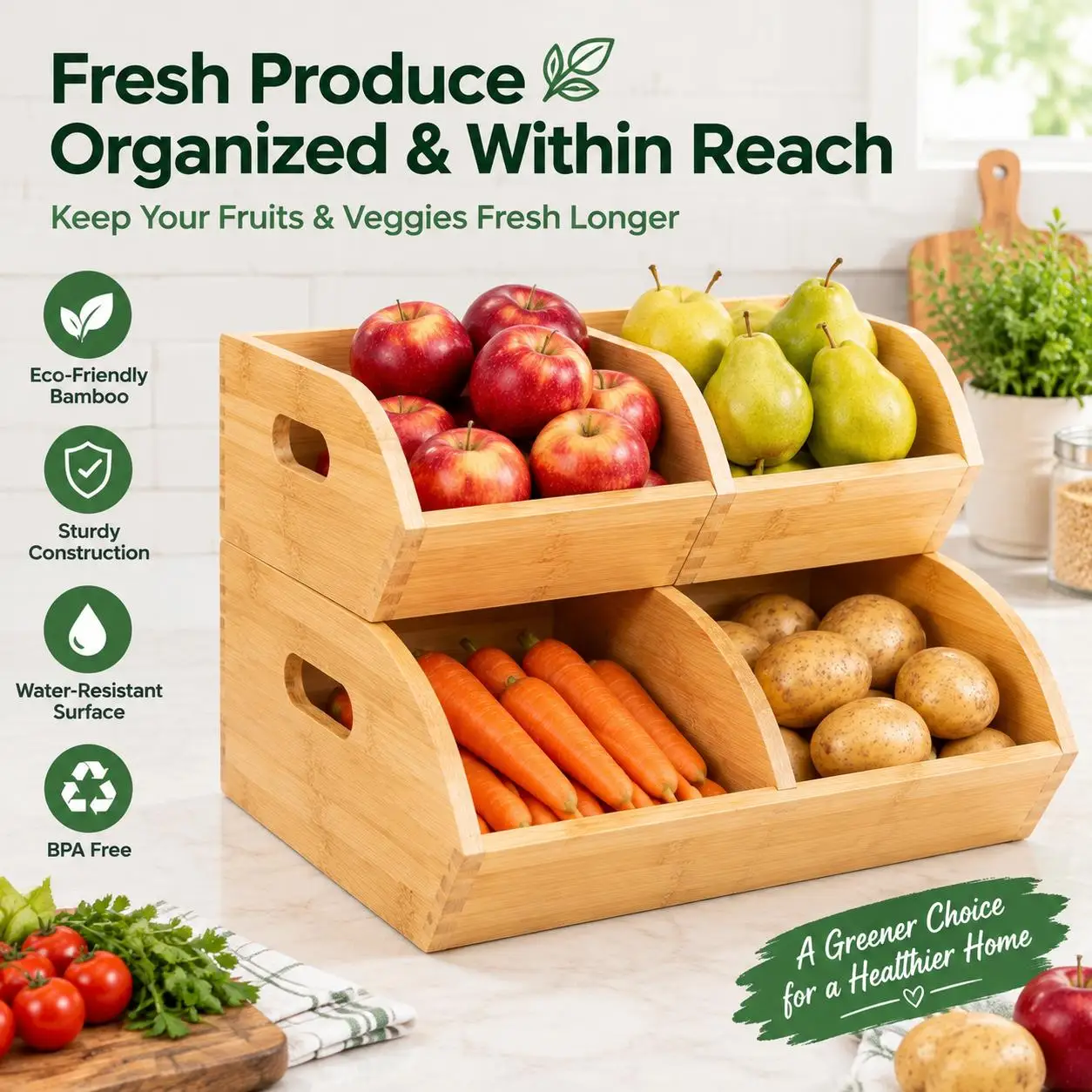3Pcs Bamboo Stackable Potato O - огляд і ціна Stackable Pantry Bin