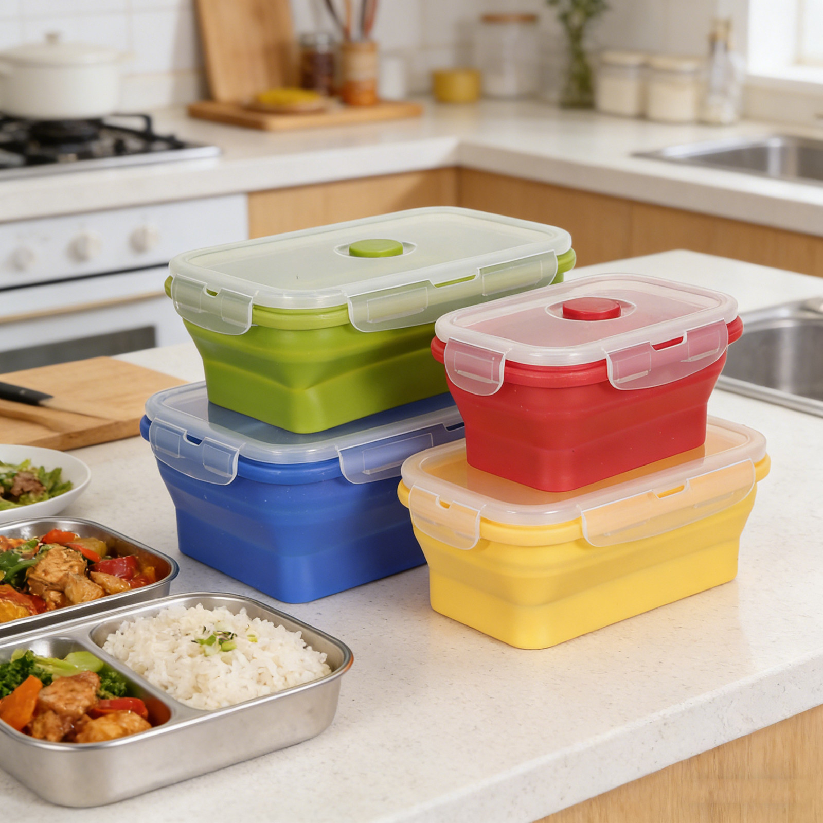 4Pcs Foldable Silicone Lunch B - огляд і ціна Food Storage Lunch Box